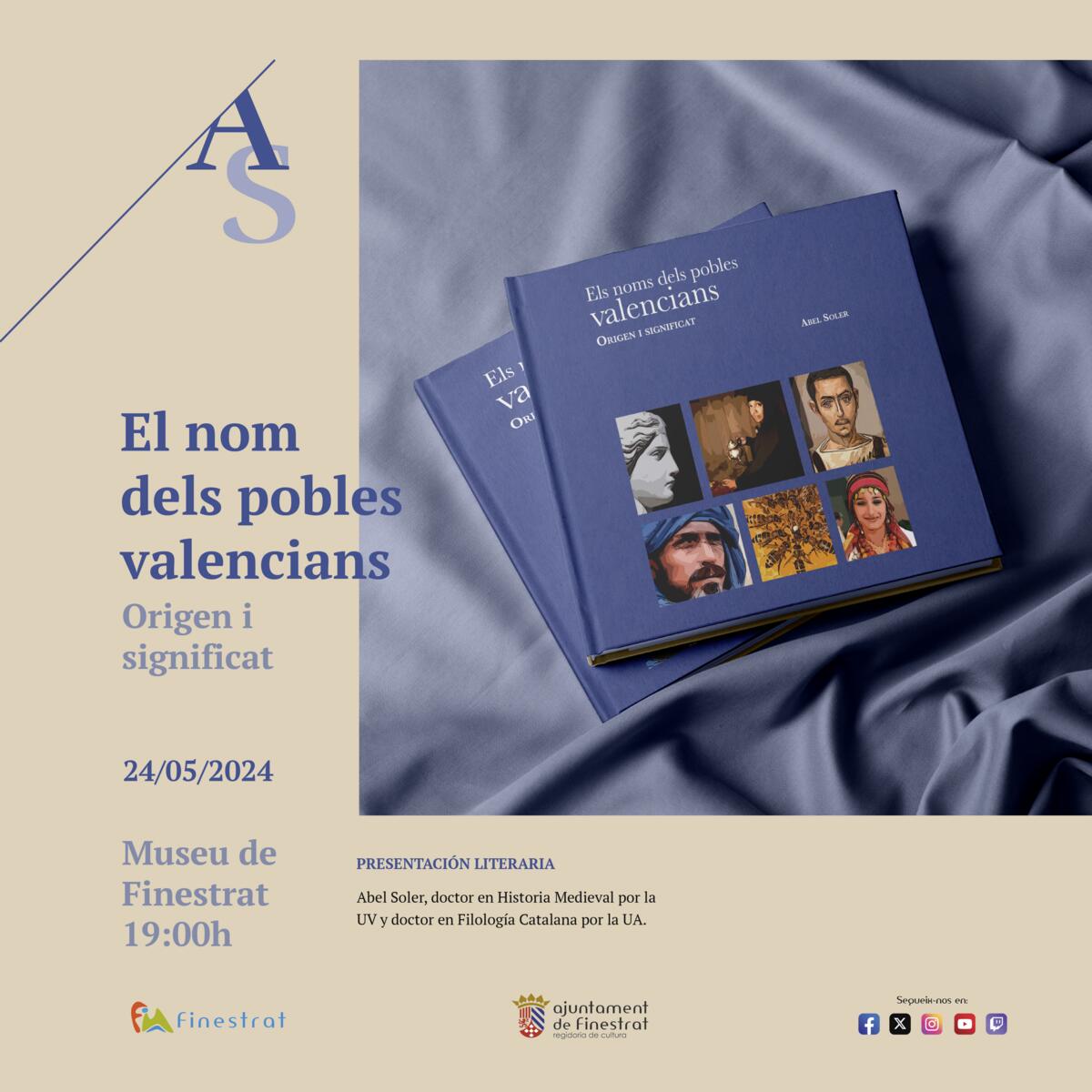 “ELS NOMS DELS POBLES VALENCIANS. ORIGEN I SIGNIFICAT” DE ABEL SOLER ESTE VIERNES EN EN EL MUSEU DE FINESTRAT