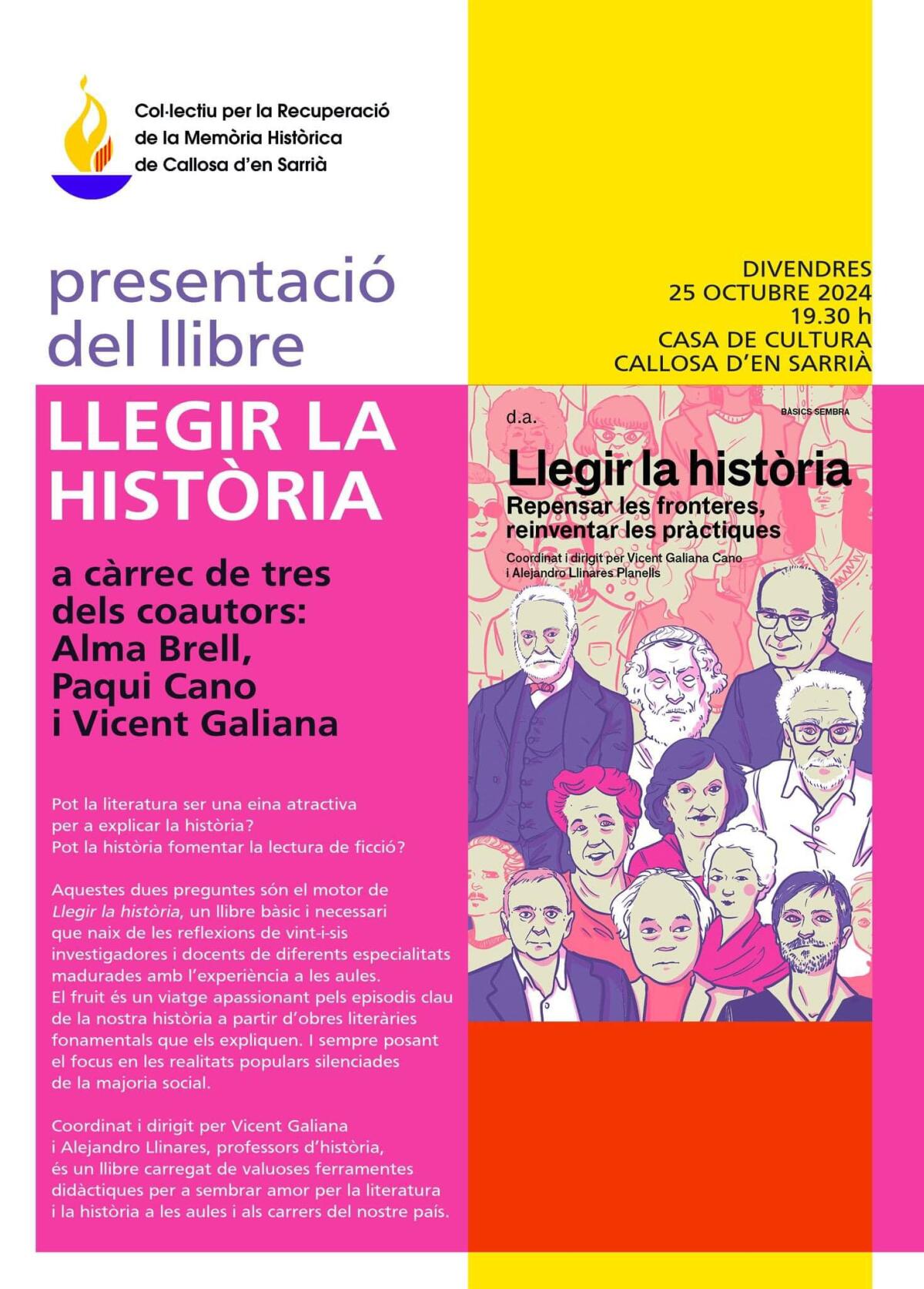 El llibre “Llegir la historia” es presenta a Callosa d’en Sarrià el 25 d’octubre