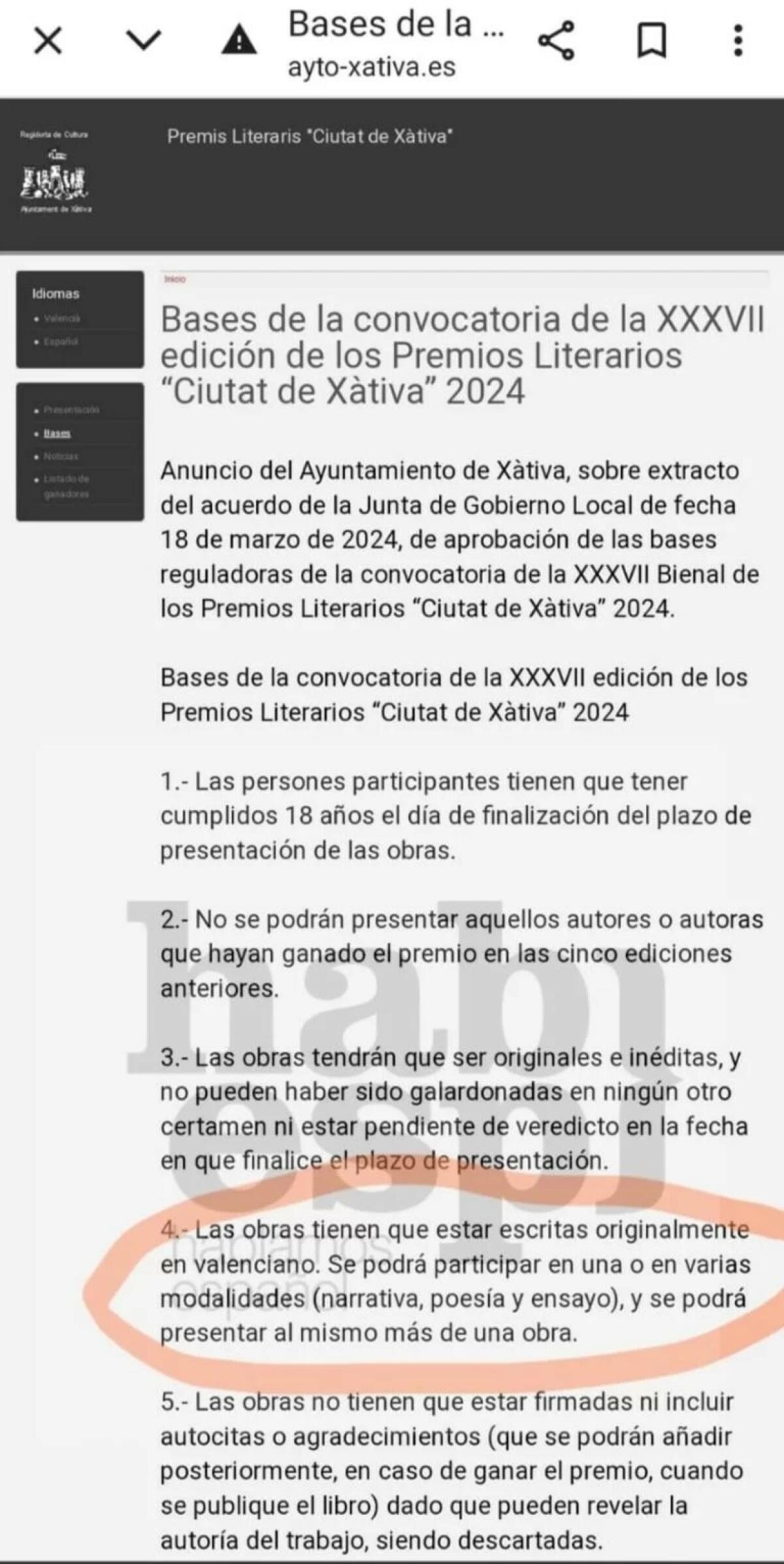 Hablamos Español presenta queja y solicitud al Ayuntamiento de Játiva para que incluyan el español en su concurso literario.