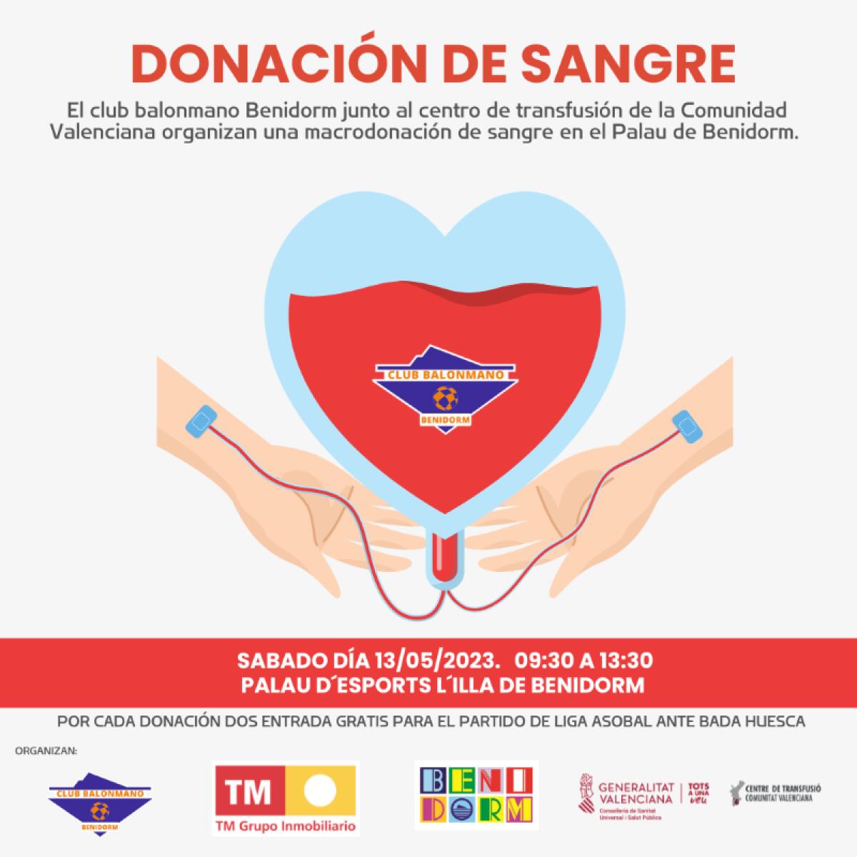 El Centro de Transfusión y el TM Benidorm te invitan a donar sangre en el Palacio de los Deportes l’Illa de Benidorm.