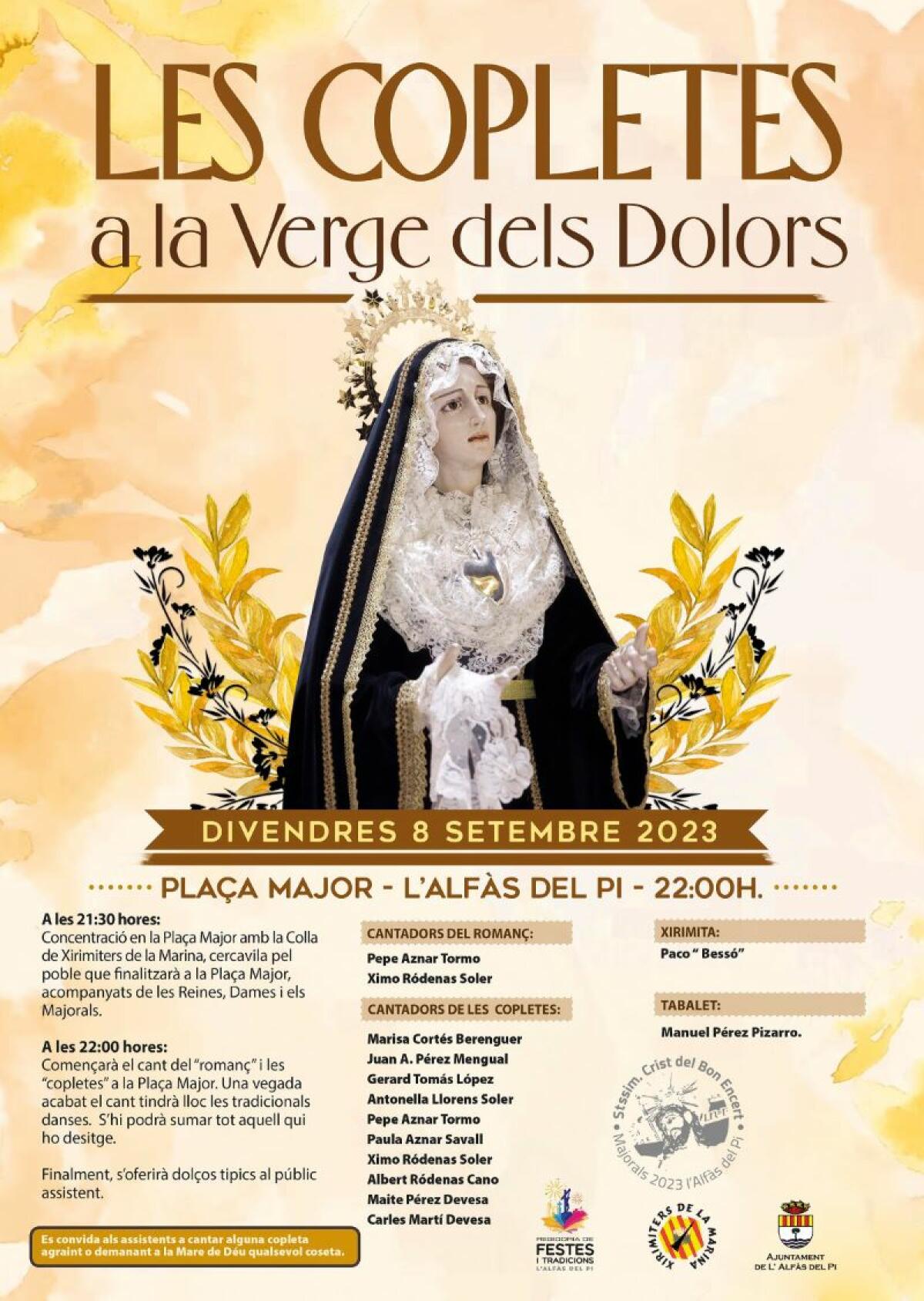 ‘Les Copletes a la Verge dels Dolors’ se cantarán el viernes 8 de septiembre en la plaza Mayor de l’Alfàs