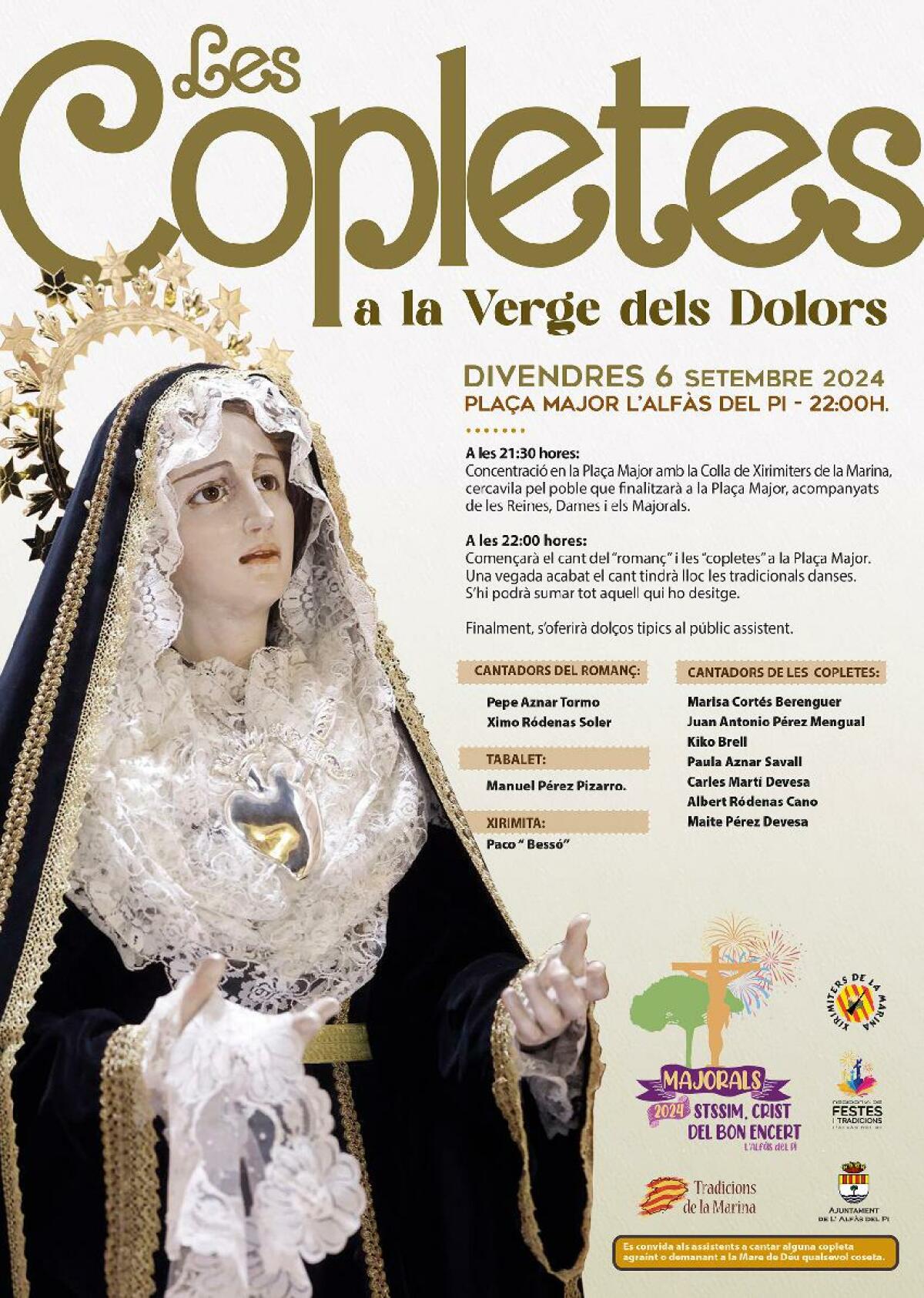 El viernes 6 de septiembre vuelven ‘Les Copletes a la Verge dels Dolors’ a la plaza Mayor de l’Alfàs