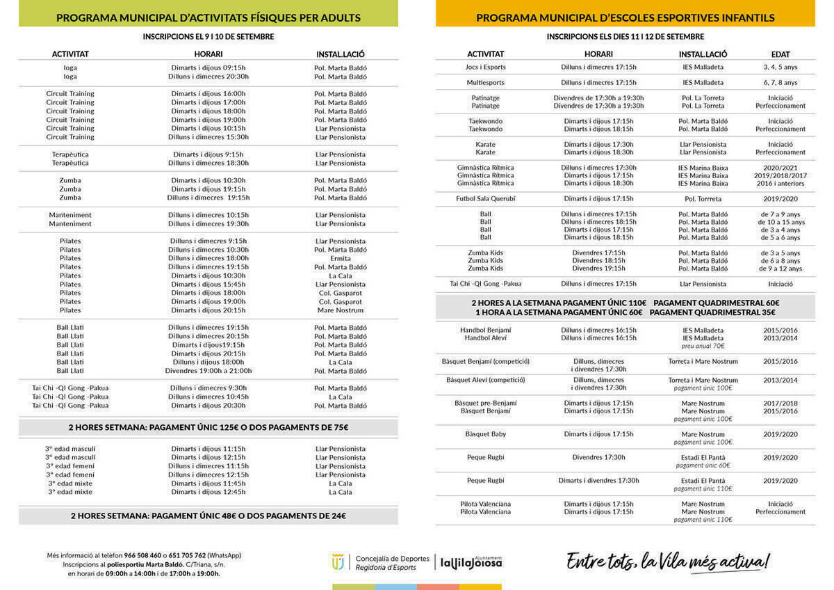 Más de 20 disciplinas deportivas dirigidas a adultos y menores forman parte del programa municipal de deportes que ofrece el Ayuntamiento de Villajoyosa 