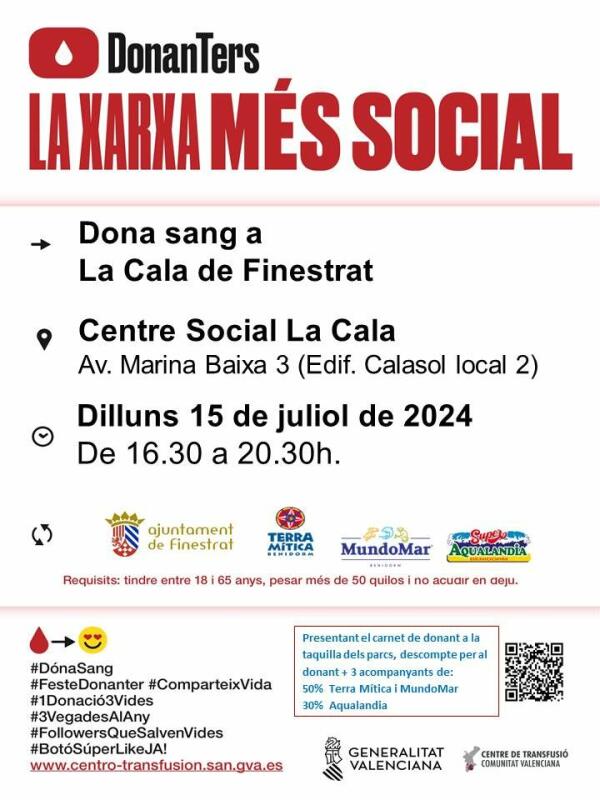 Nueva jornada de donación de sangre en el Centro Social La Cala de Finestrat: lunes 15 de julio