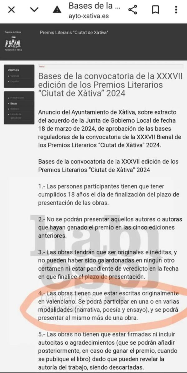 Hablamos Español presenta queja y solicitud al Ayuntamiento de Játiva para que incluyan el español en su concurso literario. 