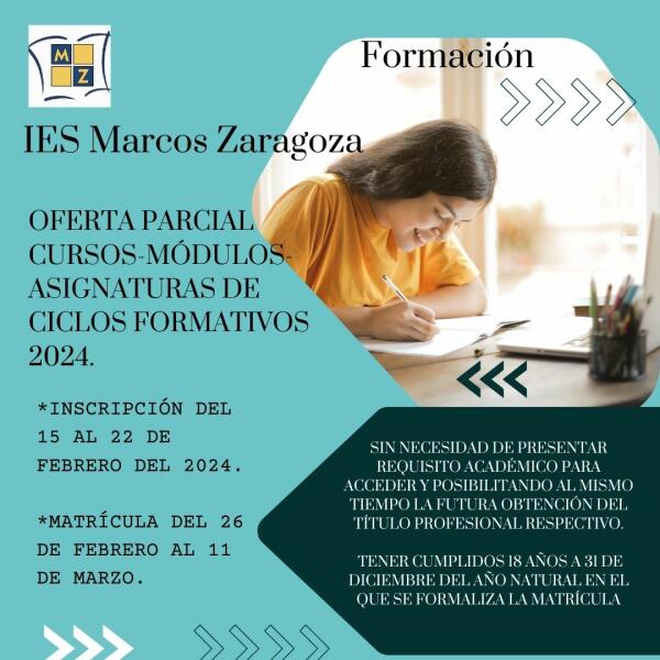 El IES Marcos Zaragoza ofrece cursar módulos sueltos de los ciclos de Formación Profesional a personas mayores de edad 