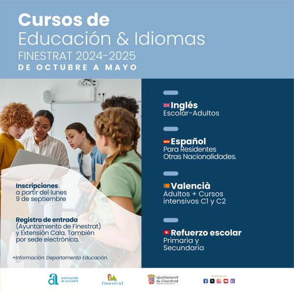 EL LUNES 9 DE SEPTIEMBRE FINESTRAT ABRE PLAZO DE INSCRIPCIÓN PARA LOS CURSOS MUNICIPALES DE EDUCACIÓN  