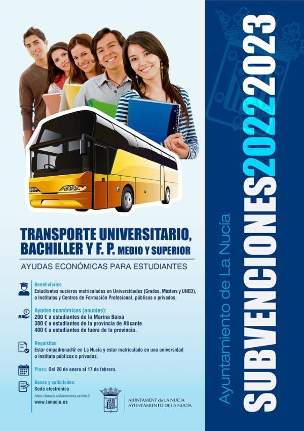 El plazo para justificar el 2º Pago de la “Subvención de Transporte Universitario, Bachiller y FP” finaliza el 15 de septiembre