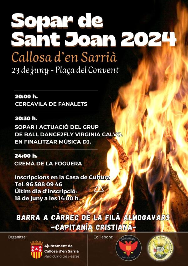 Callosa d’en Sarrià celebrará un “Sopar de Sant Joan” el próximo 23 de junio.