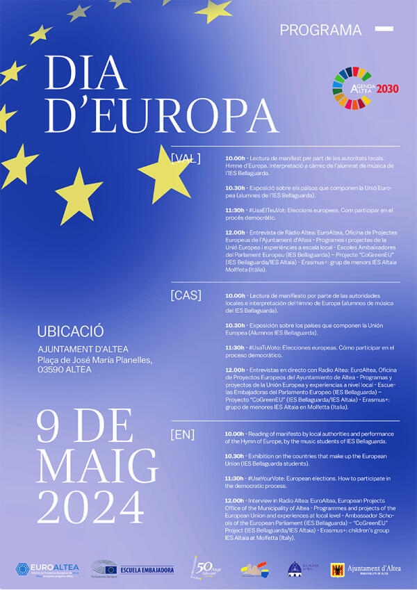 La celebración del Día de Europa, 9 de mayo, tendrá lugar en la Plaza del Ayuntamiento