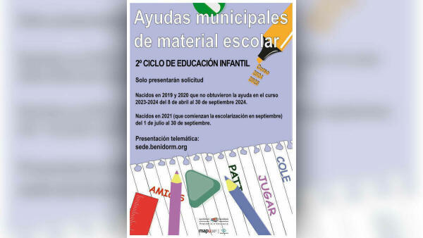 Benidorm lanza las ayudas para la compra de material escolar para el alumnado de 2º ciclo de infantil, que serán de 63 euros 